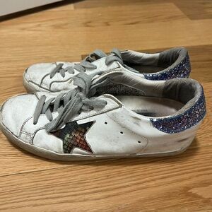 Golden Goose White Sneakers with Blue Glitter Heel